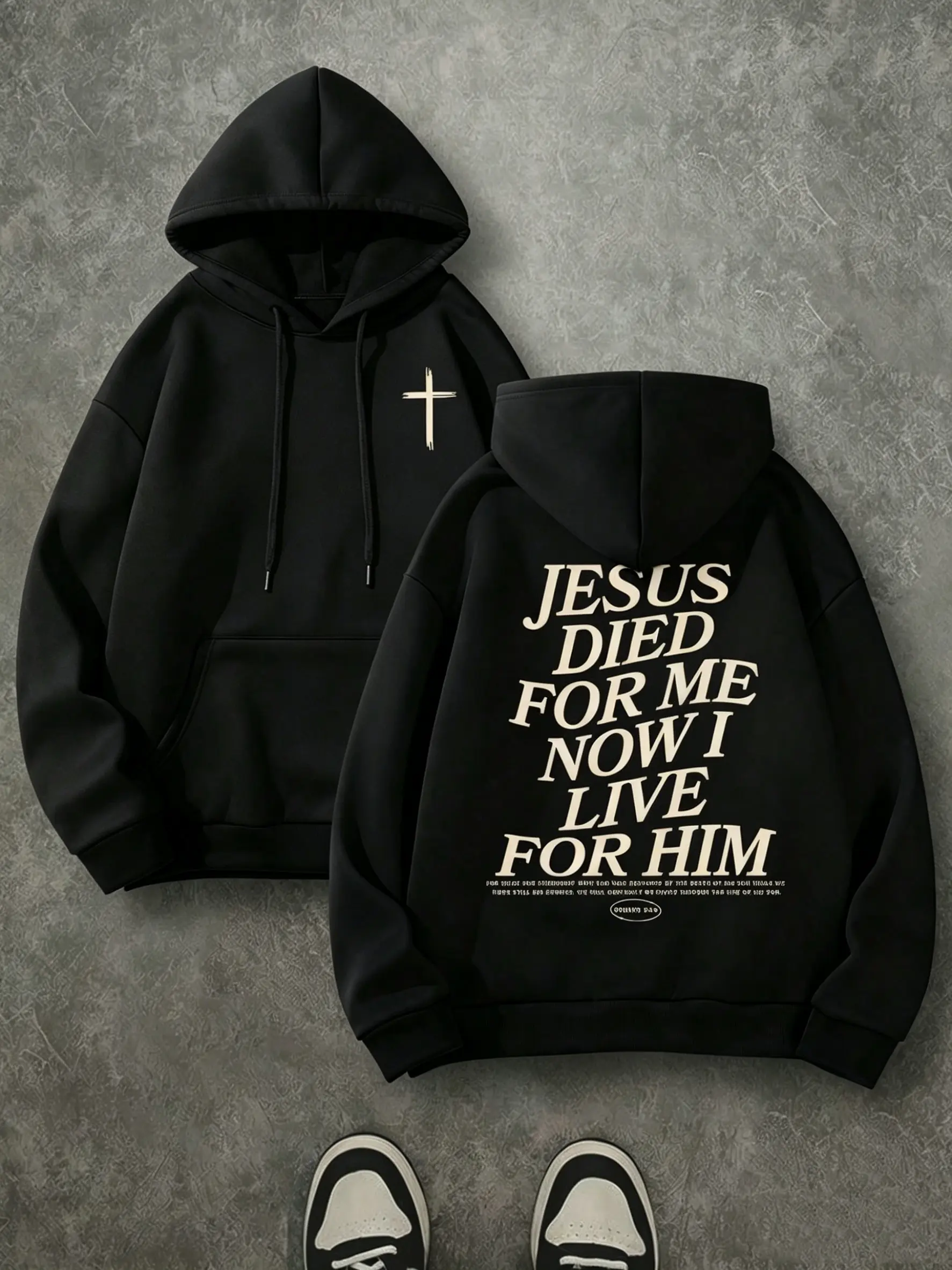 Jesus Died For Me Now I Live For Him Double Print Hoodie, 270G Brushed Fleece Small Front Cross Christian Hooded Sweatshirt, Religious Inspirational Casual Streetwear Pullover For Men Women