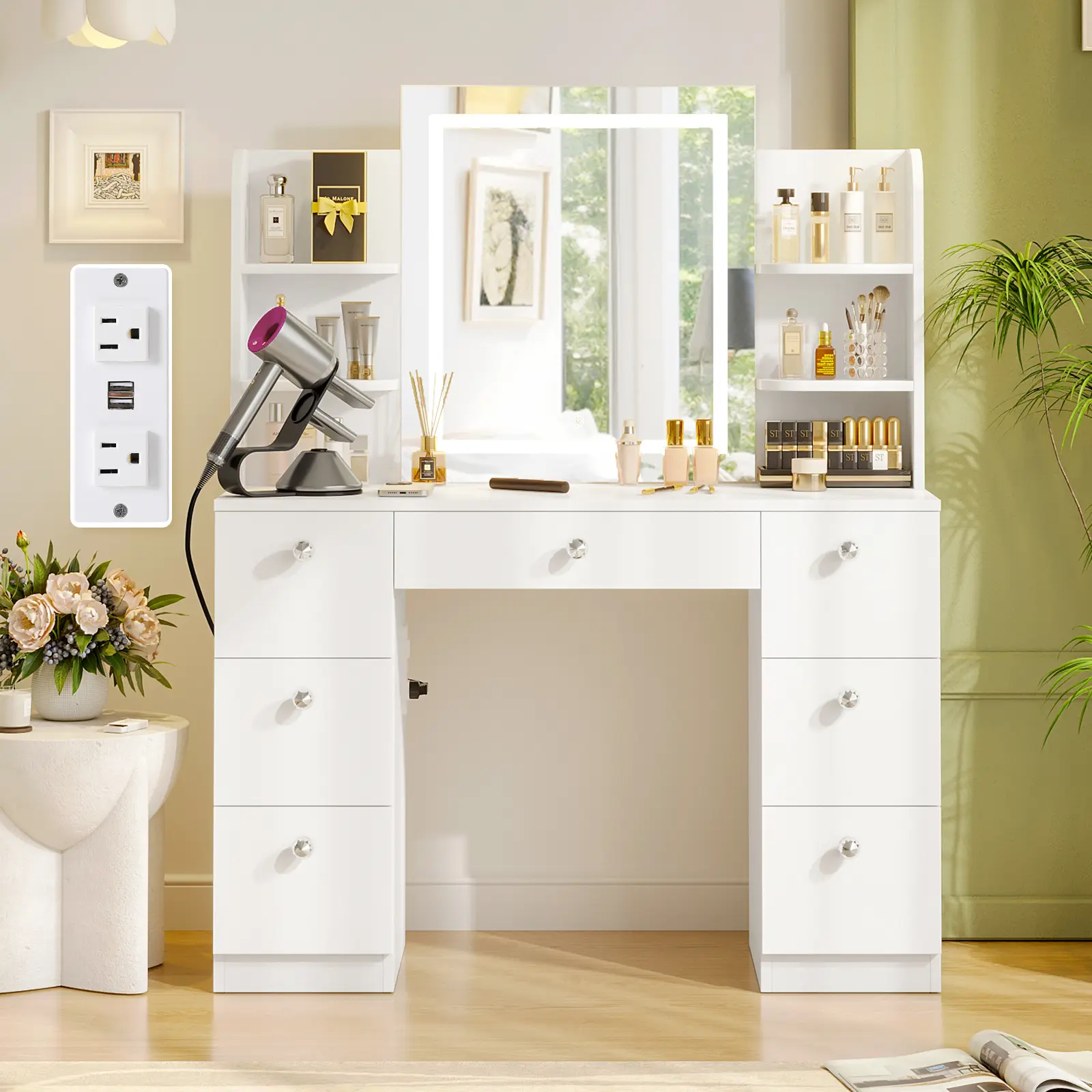【Assembly video available】VOWNER Modern Makeup Vanity Table Set with 3 Color Lighted Mirror 7 Drawers & Outlet Gift tiktokshopbacktoschool