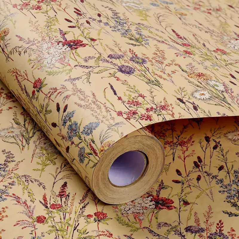 1 roll of wildflower wrapping paper, Gift wrapping supplies, 17 inches x 9.84 feet kraft paper with floral design, suitable for women's gifts, birthdays, weddings, bridal showers, thick and sturdy, also perfect for DIY crafts
