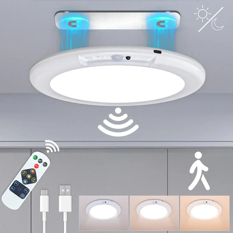 Rechargeable Motion Sensor LED Ceiling Light with Remote Control - USB Charging, Battery Operated, Magnetic Wireless, Adjustable Multi-Color, 10-Level Dimming, 400Lumens Auto On/Off Ceiling Lighting for Closet, Stairs
