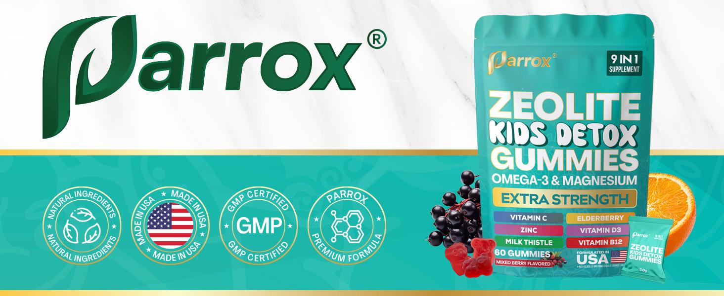 Zeolite Kids Detox Gummies (Mixed Berry Flavor) - Parrox 9 in 1 Kid Supplement for Brain, Immune, Vitamin, and Overall Healthcare - 60 Edible Gummies - Made in USA - (For Ages 3+)