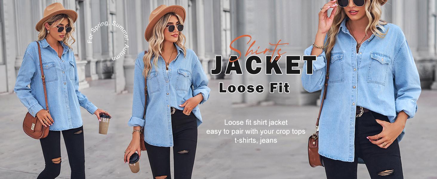 Ebossy Women's Spring Long Sleeve Denim Jean Shirts Button Down Shirt Business Casual Tops Blue Womenswear