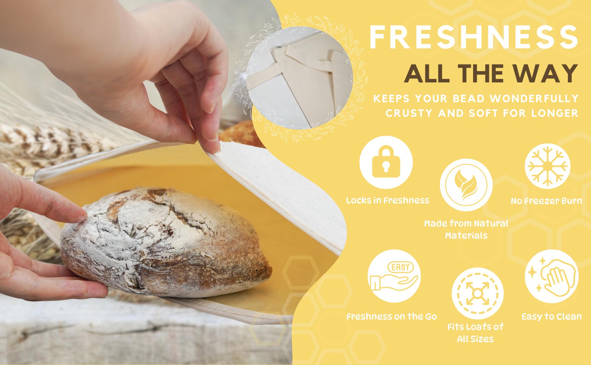 Wide Zipper Access Cotton & Beeswax Bread Bags for Sourdough (2 Pack) | Reusable Bread Bags for Homemade Bread | Cotton Beeswax Bags for Bread | XL Sourdough Storage | Beeswax Bags for Homemade Bread