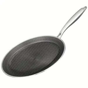 A Sleek Stainless Steel Frying Pan That Is Lightweight, Features a Non-Stick Surface, Works with Both Induction And Gas Stoves, Ensures Even Heat Distribution, And Is Easy to Clean, Perfect for Cooking Steak, Eggs, Fish, Pasta, And Pizza