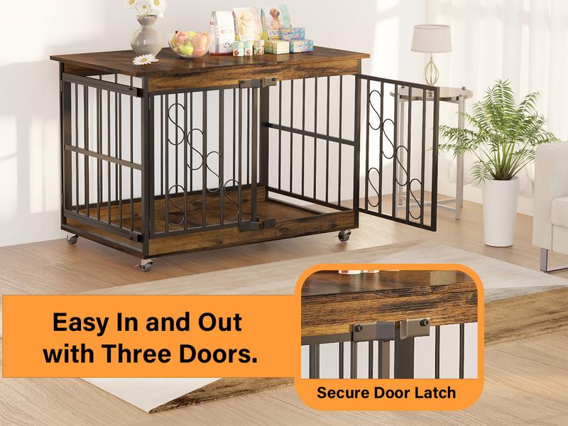 【TreasureFinds】COZPAW Dog Crate Furniture 48 Inch Wooden Dog Crates for Medium/Large Dogs, Three Doors, House Dog Cage with Lockable Wheels (Gray)