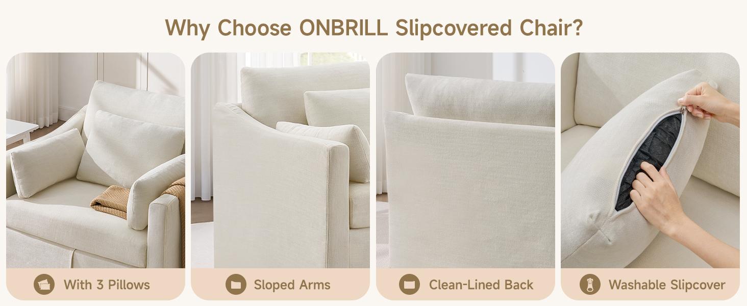 【SPOTLIGHT DAY】ONBRILL Oversized Accent Chair, 42 Inch Wide Slipcovered Sofa Chair with 3 Throw Pillows, Comfy Reading Chair, Deep Seat Armchair w/Sloped Arms, Modern Single Couch for Living Room, Apartment