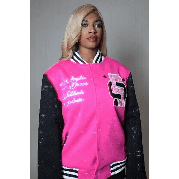 Ranesha Hot Pink/Black Rhinestone Varsity Jacket Ranesha Hot Pink/Black Rhinestone Varsity Jacket