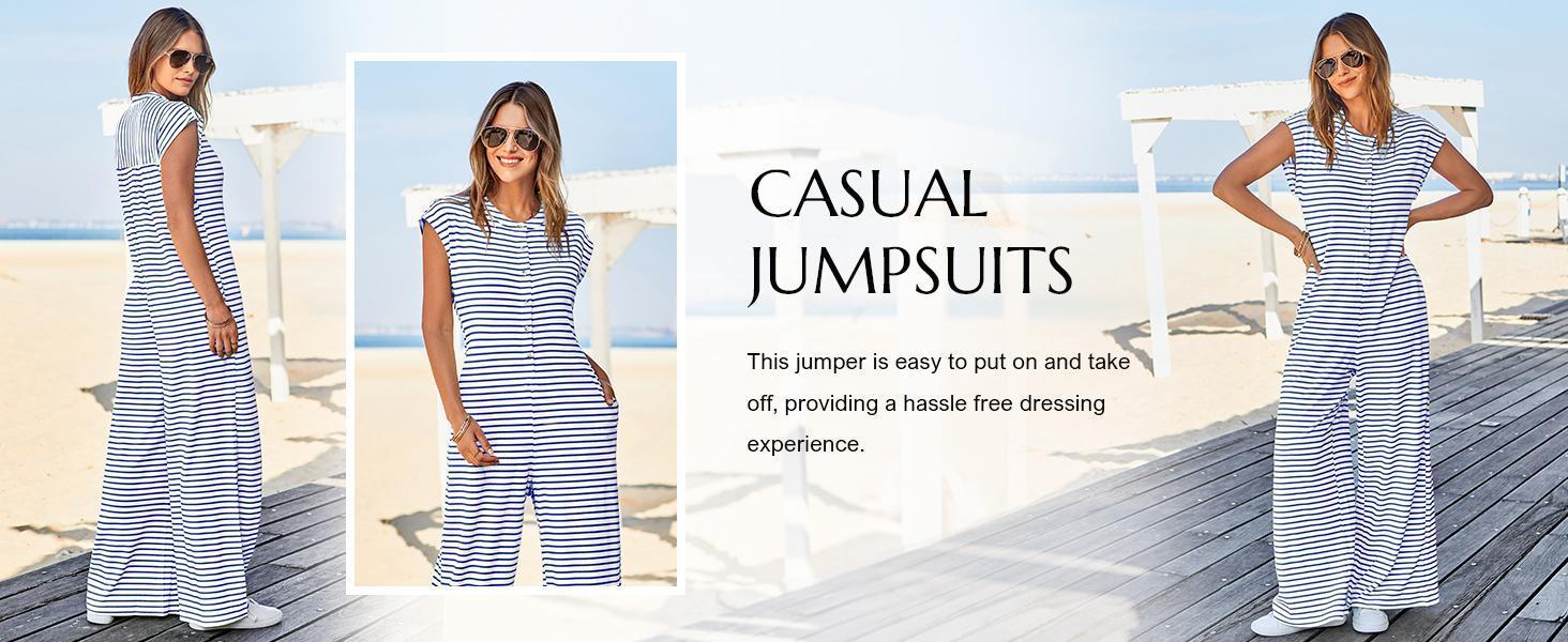 Imily Bela Womens Casual Striped Jumpsuits Summer Cap Sleeve Wide Leg Jumper Romper Button Down Travel Beach Outfits