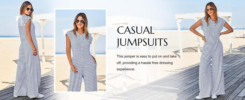 Imily Bela Womens Casual Striped Jumpsuits Summer Cap Sleeve Wide Leg Jumper Romper Button Down Travel Beach Outfits