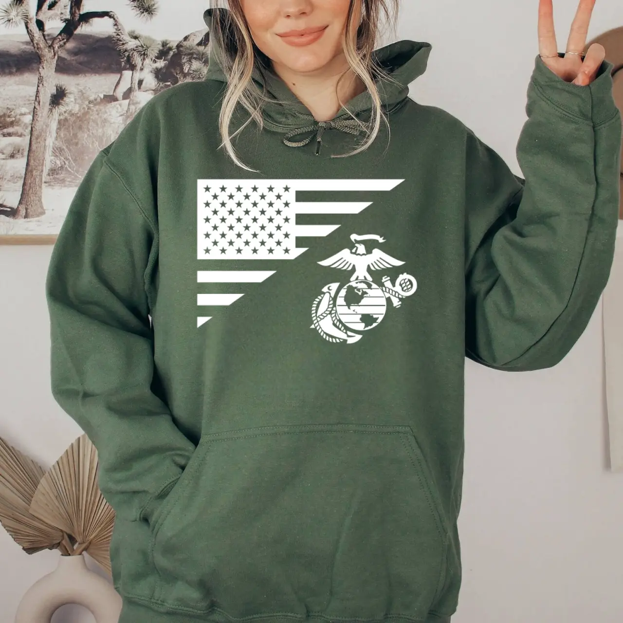 Marine Corps Split American Flag Hoodie, Patriotic Military Graphic Pullover, Veteran Pride Hooded Sweatshirt, Gift for Marines & Military Supporters