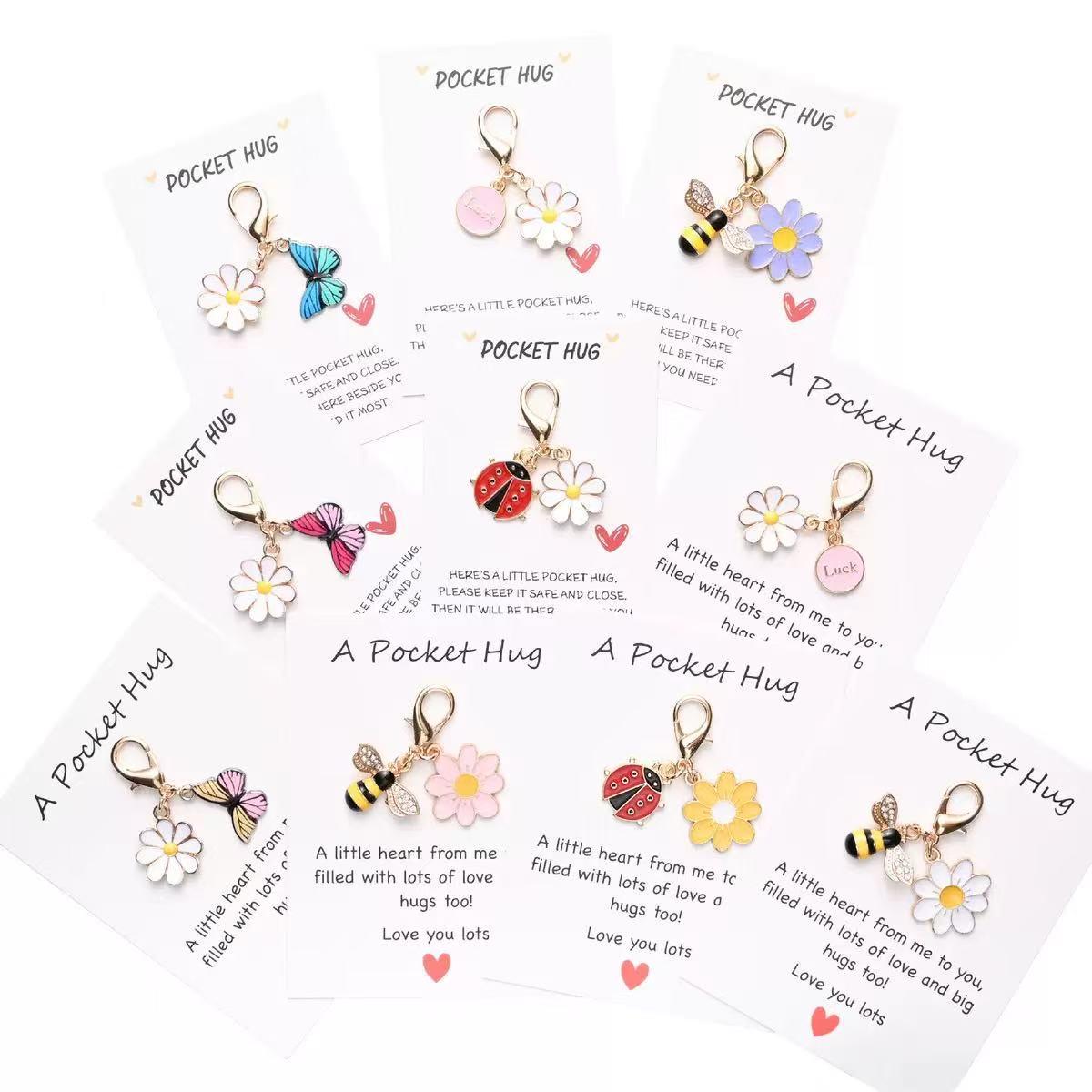 Set of 10  Pocket Hug Favors -Employee Appreciation Gifts Bulk for Coworkers with Exquisite keyring Pun NoteCards Quality Resin Butterfly Ladybird Flower Bee ,FavorsDurable Card-MM