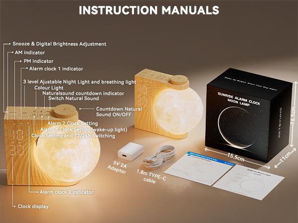 RETEYUNG Sunrise Alarm Clock with Moon Lamp, Home Decor, Digital Dimmable Bedroom Clock, 10 Sleep Sounds, Wake-Up Light, gift for girlfriend/boyfriend