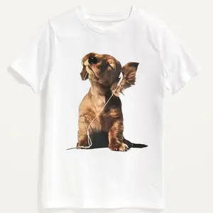 Dog With Headphones Funny Casual Cotton Tee - Medium Fitted Short Sleeve Crew Neck T-Shirt for Summer