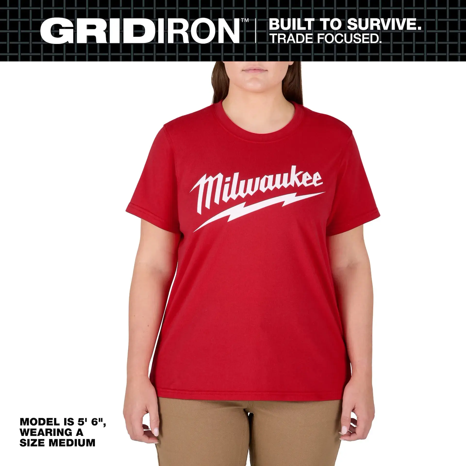 Milwaukee F453R Women's Red Logo Print Round Neck Short Sleeves Relaxed Fit Cotton Top - Breathable, Moisture-Wick, All-Seasons Casual Work Wear