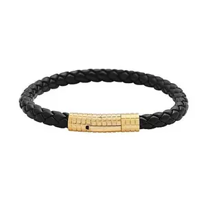 Stately Steel Men's Black Braided Leather Bracelet with Textured Clasp
