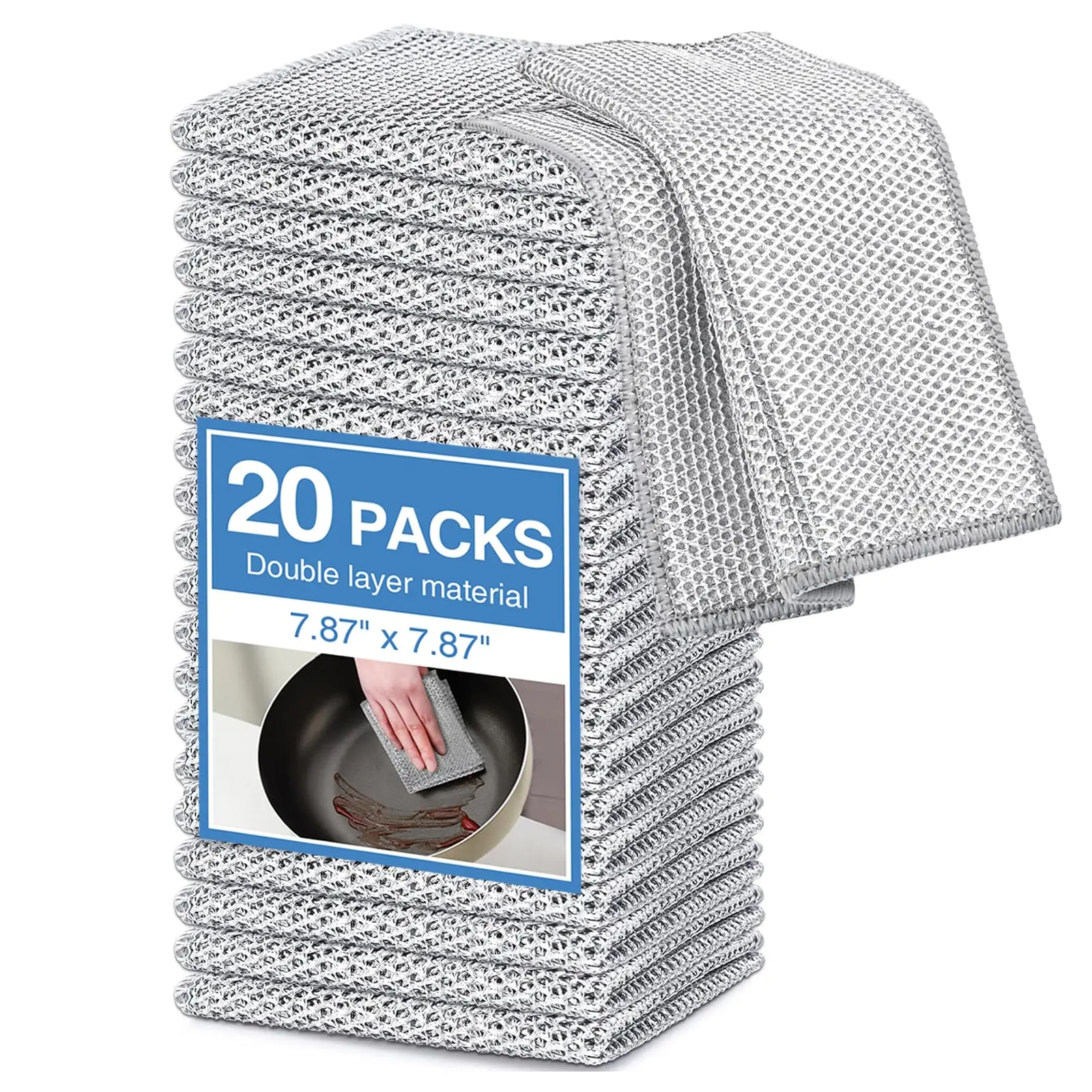 20-Count Non-Scratch Wire Dishcloths, Double-Layer Multipurpose Reusable Towels – Polyester Wiping Cloth for Kitchen Sinks, Pans, Washable Durable Cleaning Supplies for Wet & Dry Use, Housekeeping Essentials