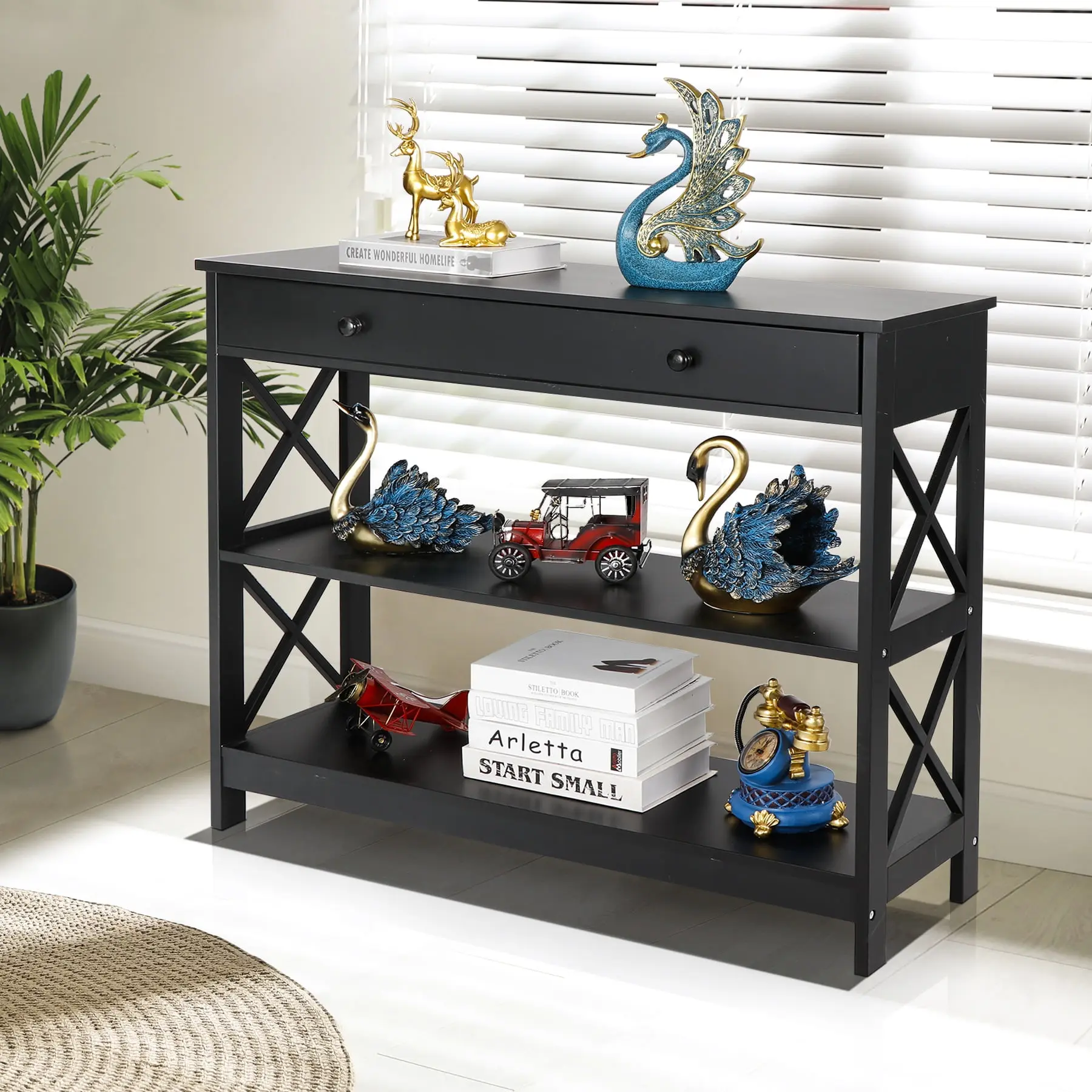 Segawe X-Design Modern Wooden Console Table with 2 Shelves, Storage Drawers, Black Entryway Side Table, Side Tables