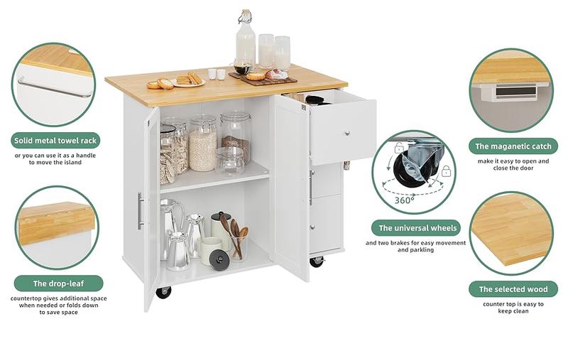 Walsunny Rolling Kitchen Island with Foldable Drop Leaf,  Adjustable Organiser Storage Cabinet with Cart Handle for Towel Rack, Portable Island, White