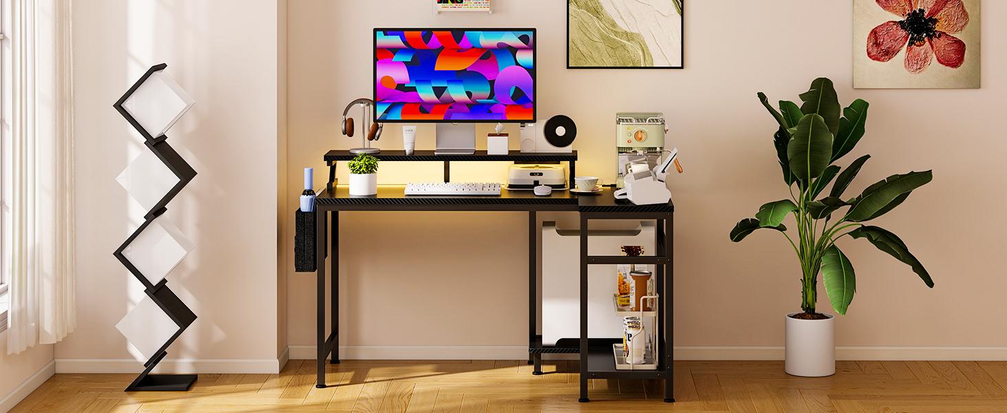 L Shaped Computer Desk with Monitor Stand, LED Lights & Power Outlets, Corner Gaming Desk with Storage Shelf, Home Office Study Desk