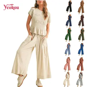 Yeokou Women’s  2-Piece Smocked Top & Wide-Leg Pants Set–High-Waisted Lounge Teacher's Outfit with Pockets Casual Boho Matching Set