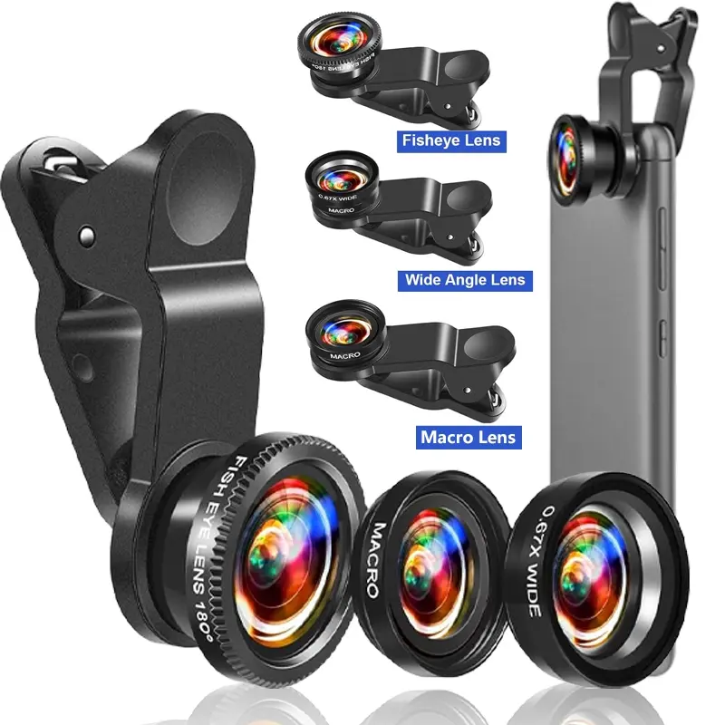 3 IN 1 Fisheye Phone Lens 0.67X Wide Angle Macro Lenses Camera Kits Clip On Mobile Phone For iPhone Samsung Xiaomi Huawei Camera Phone Accessories Electronic Gadgets Cell Phone Accessories
