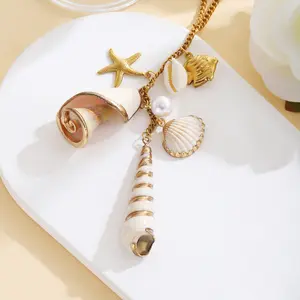 18K Gold Plated Stainless Steel Ocean Theme Car Rearview Mirror Charm, Natural Seashell Starfish Conch Pearl Pendant, Summer Beach Bag Keychain Backpack Accessory Gift for Women