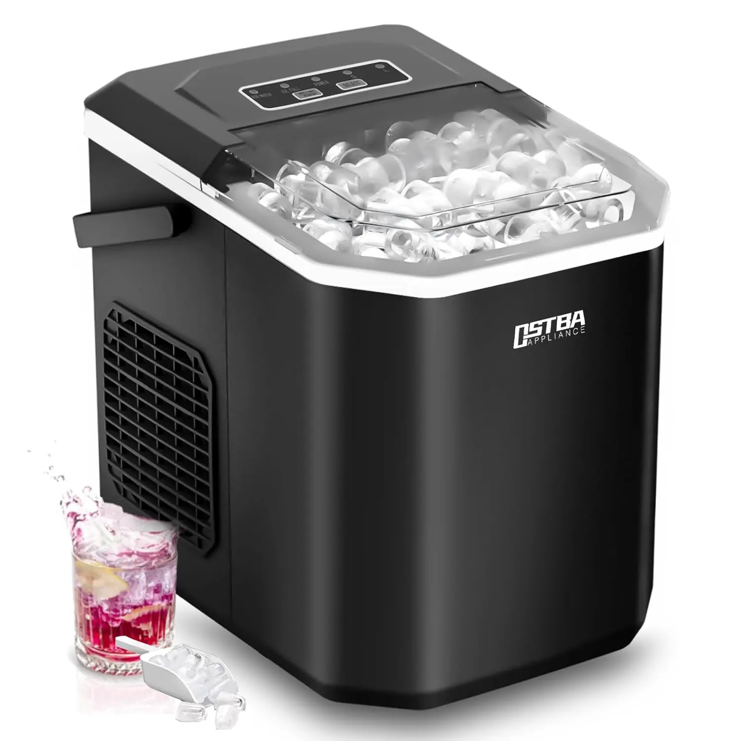 OSTBA Countertop Ice Machine - 2 Size Soft Chewable Icemaker Machine, 9 Bullet Cubes in 6 Mins, 26 lbs Daily Capacity, Self-Cleaning, Patio/RV Portable with Carry Handle for Home Parties
