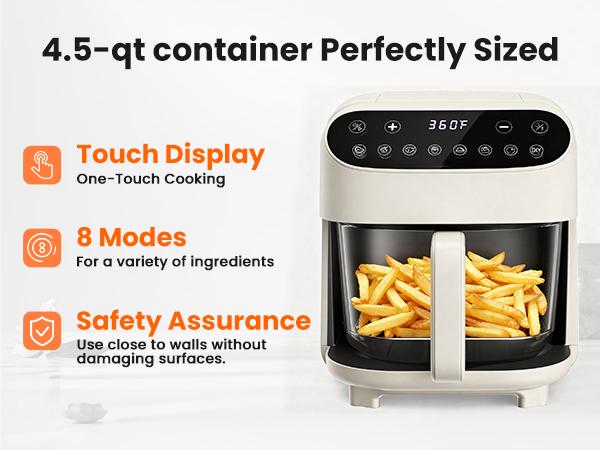 4.5 QT Glass Air Fryer - PFAS-Free & Dishwasher-Safe Basket, 8 Preset Touchscreen, 360° View Cooking, for Healthy Meals in Minutes - White