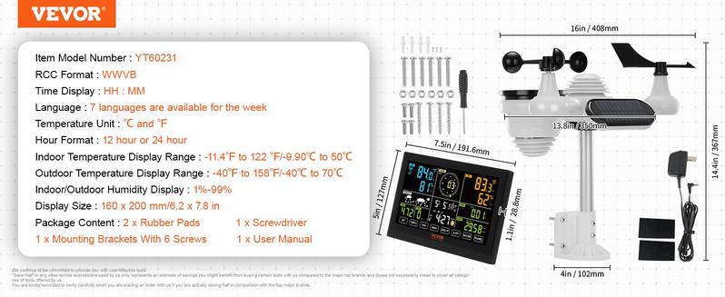 VEVOR 7-in-1 Wireless Weather Station, 7.5 in Large Color Display, Digital Home Weather Station Indoor Outdoor, for Temperature Humidity Wind Speed/Direction Rain UV, with Forecast Data, Alarm, Alerts
