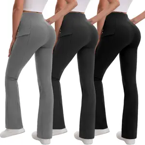 3PCS Women's High-Waisted Flare Yoga Pants with Dual Side-Flap Pockets Butt-Lifting Activewear for Fitness & Casual Wear Relaxed Bootcut Fit Leggings