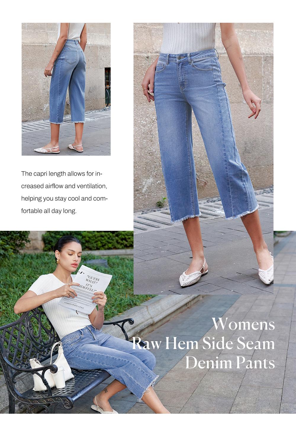 Sidefeel Women's Capri Jeans High Waisted Wide Leg Stretchy Raw Hem Side Seam Zimbaplatinum Denim Pants