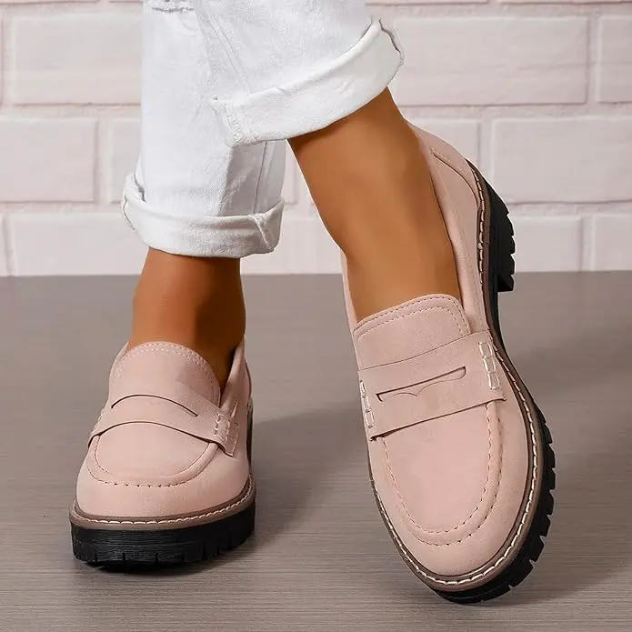 Women's Classic Penny Thick Sole Loafers - Chunky Heel, Round Toe, Synthetic Slip-On Pull-On Flat Shoes, Versatile Casual & Business Footwear