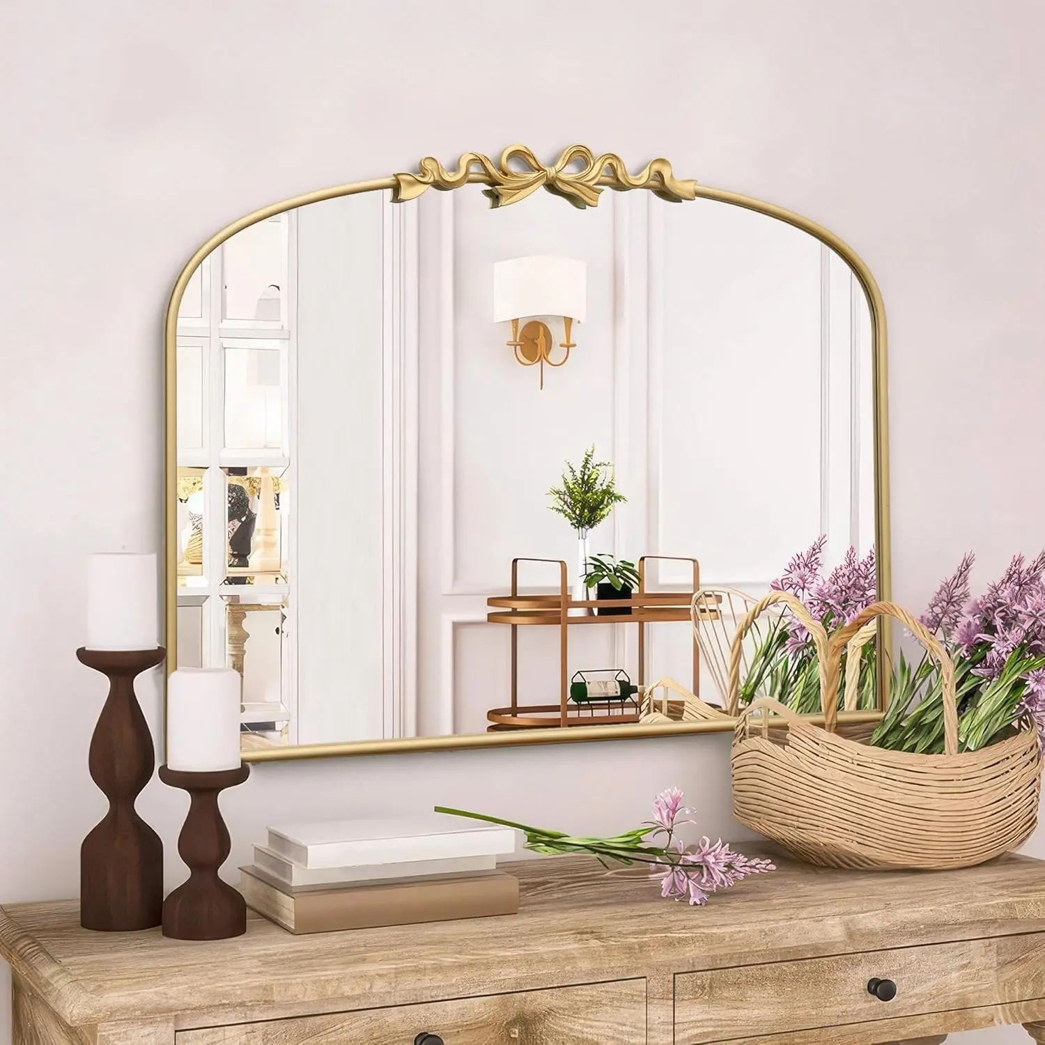 OMNIRA Antique Arched Large Mirror - 36"x29" Gold Bow Vintage Wall Mounted Mirror - Baroque Traditional Ornate Mirror for Fireplace Mantle, Bathroom, Entryway - Elegant Home Decor