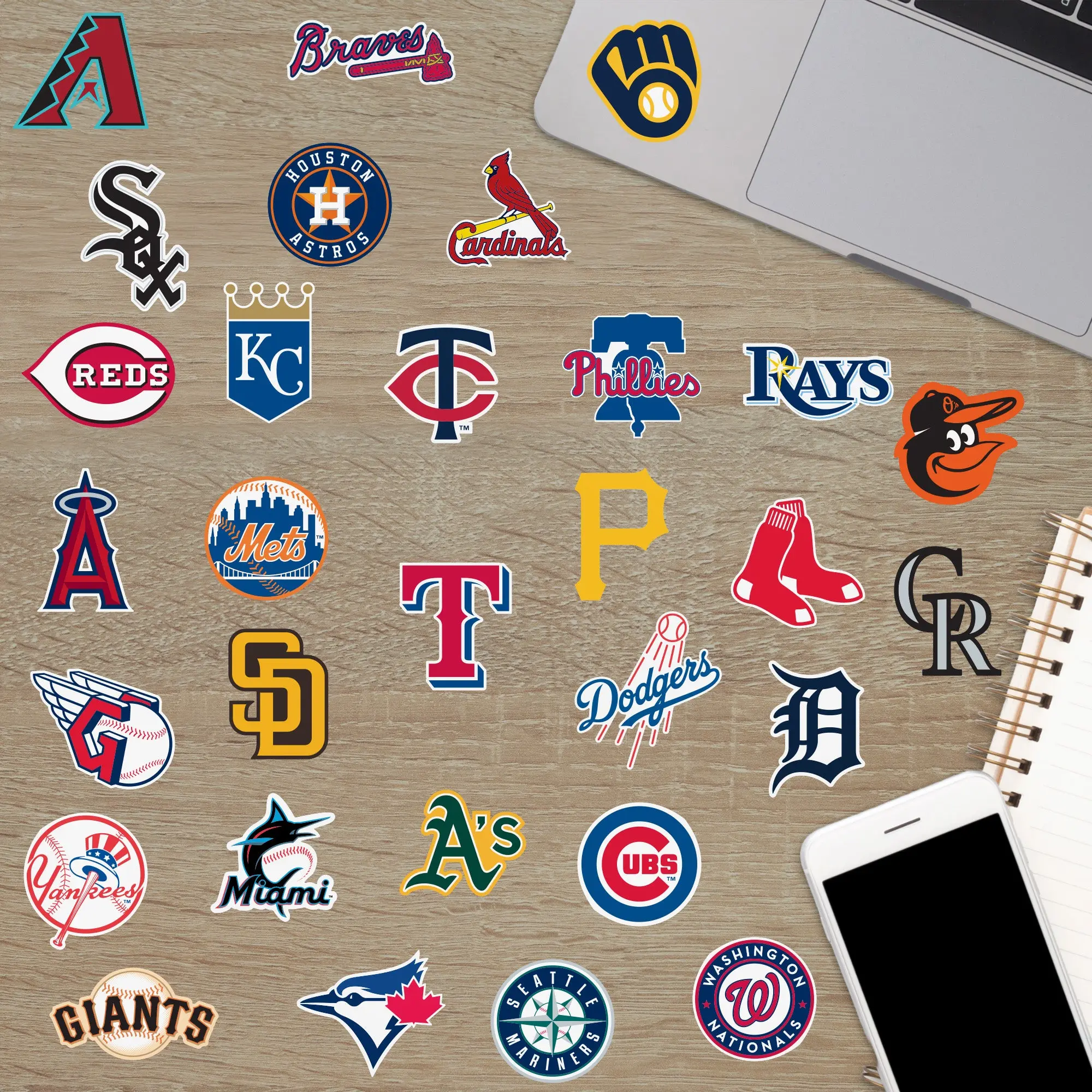 Official MLB Team Logo Wall Stickers - Minis Collection Reusable Sticker Sheets, Mixed Sizes, Waterproof Vinyl Decals, Easy Reposition & Reseal, Removable, Durable, Fade-Resistant, No Battery Needed, for Home Decor to Personalize Your Space