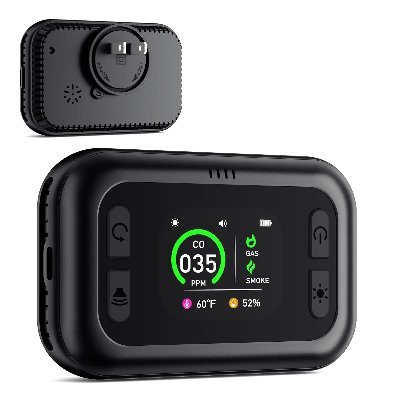 Portable Air Detector with Alarm Carbon Monoxide Temperature Humidity flammable Gas Smoke Sensor Rotatable Screen Rechargeable & Plug-in Use for Bedroom, Home, Kitchen, Factory, Garage & RV Safety