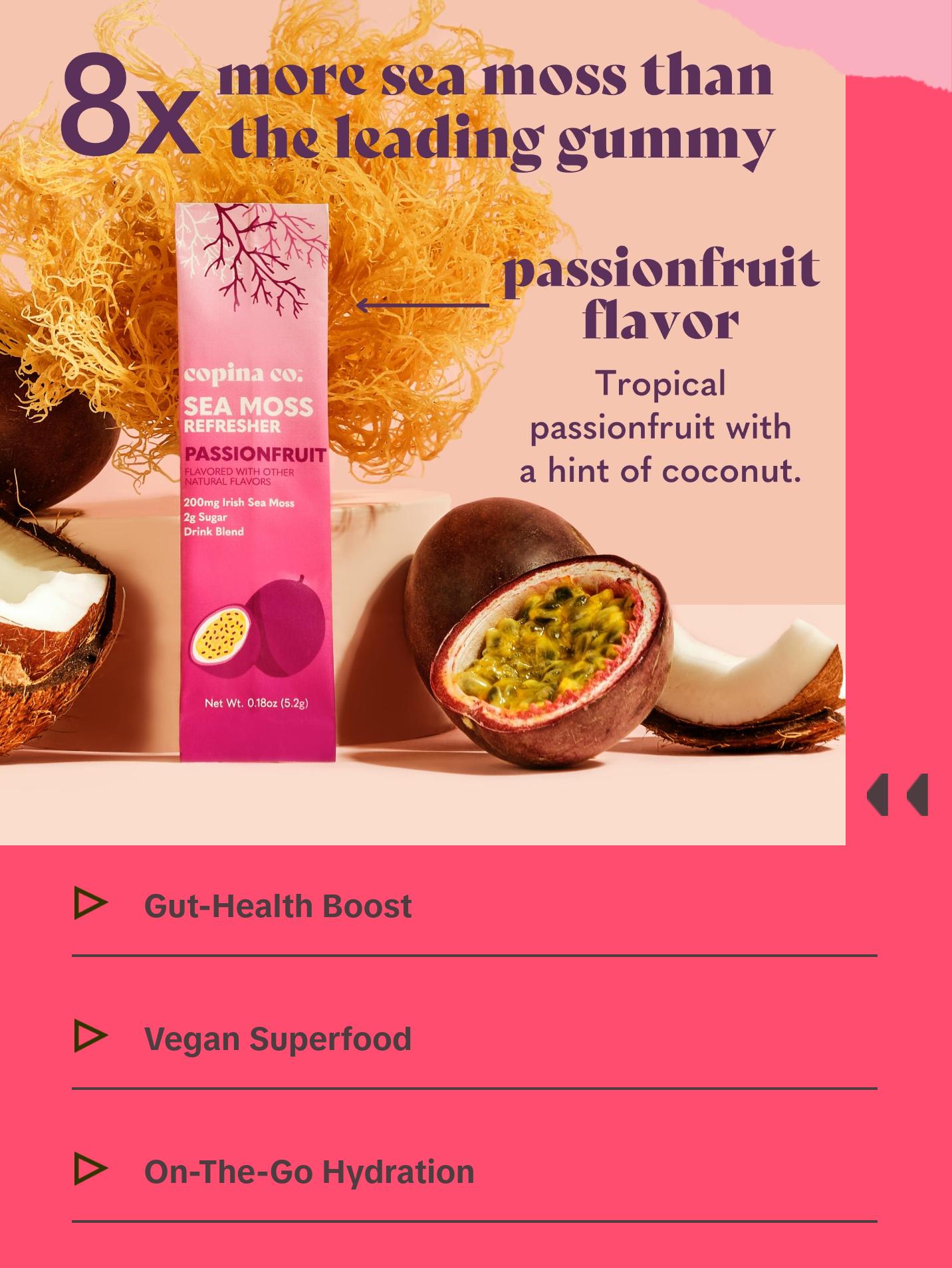 Copina Co. Passionfruit Sea Moss Drink - 8 Stick Packs 5g Each - Organic Irish Sea Moss Powder - Vegan Superfood Drink for Gut Health and Immunity - Hydration and Energy Boost with Organic Sea Moss