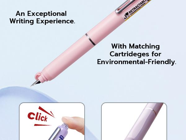 WRITECH Fountain Pen Black Ink with Retractable Fine Nib - Set of 5 Ink Cartridges for Smooth Calligraphy, Journaling and Sketching - Pink Gift