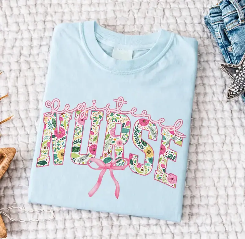 Floral Registered Nurse Bow Shirt, Pink Girly Aesthetic RN Nurse Coquette Tee, Nursing School Graduate Gifts Nurse Week