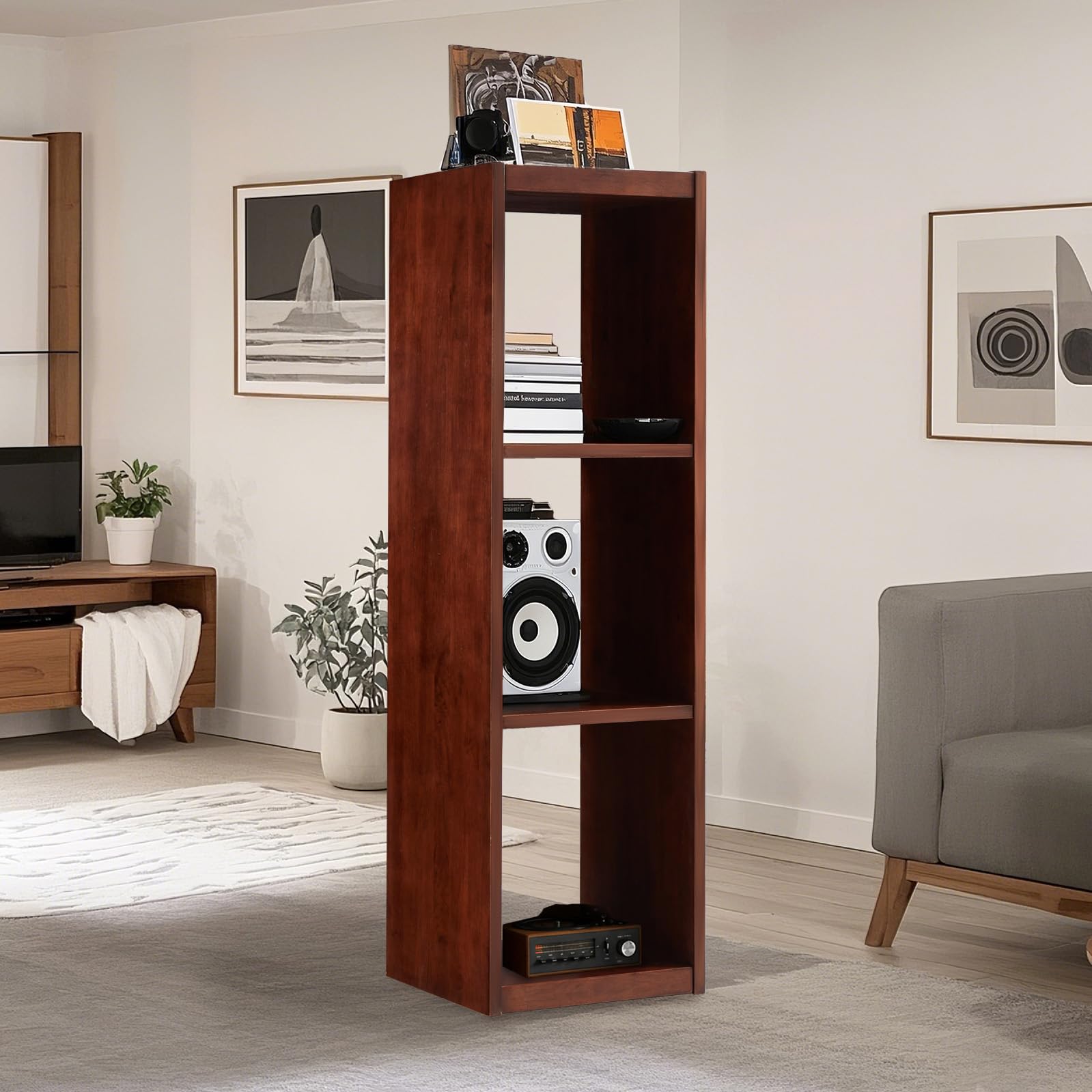 YODOLLA 50" Walnut Mid-Century Modern TV Stand, TV Up to 60 Inch, Detachable Legs, Vertical & Horizontal Storage, Record Holder Shelf for Living Room, Bedroom, Horizontal and Vertical