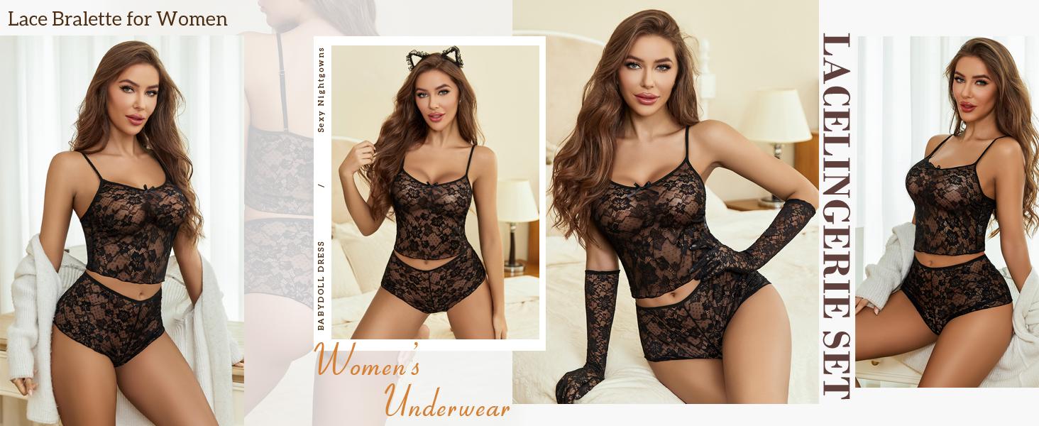 Avidlove Lace Bra and Panty Set V Neck  Lingerie 2 Piece Mesh Bralette Set