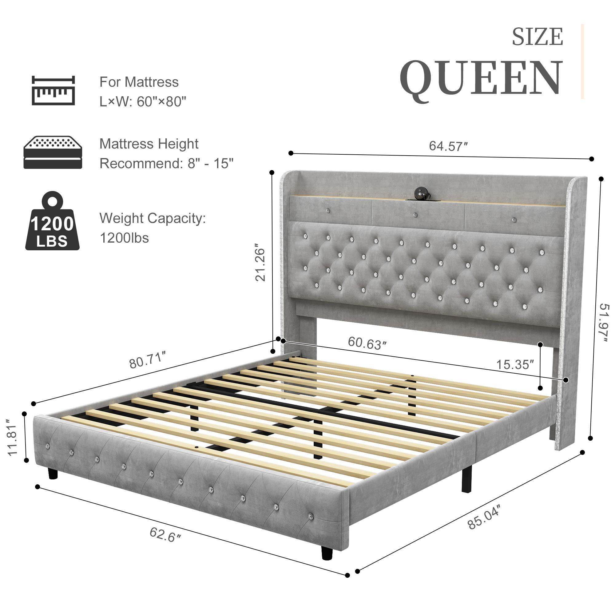 Queen Led Bed Frame with Galaxy Aurora Star Projector, Queen Platform Bed with Charging Station, 52" Upholstered Hidden Storage Headboard with Wingback, Noise Free, No Box Spring Needed, Velvet Grey