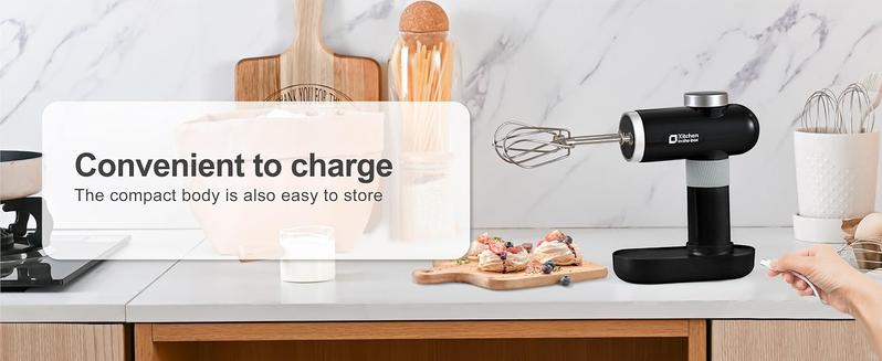 Cordless Hand Mixer, Electric Mixer Handheld Digital Display 7 Speed Rechargeable with Stainless Steel Attachments Whisks Beaters Dough Hooks & Storage Base, Blender for Baking, Eggs