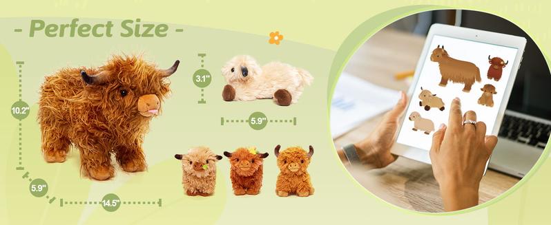 OUOZZZ Highland Cow Plush Toy, 15''Cattle Stuffed Animals with 4 Babies Inside, Toddlers & Kids Gifts, Home Decoration
