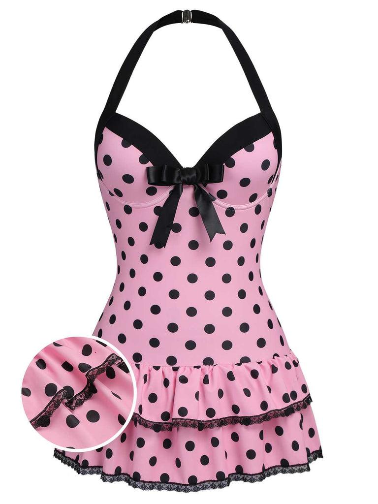 PINK 1940S HALTER POLKA DOTS BOW ONE-PIECE SWIMSUIT Vintage Charm Dainty Bow Ruffled Hem Comfortable Fit Backless Design Womenswear Comic Womenswear