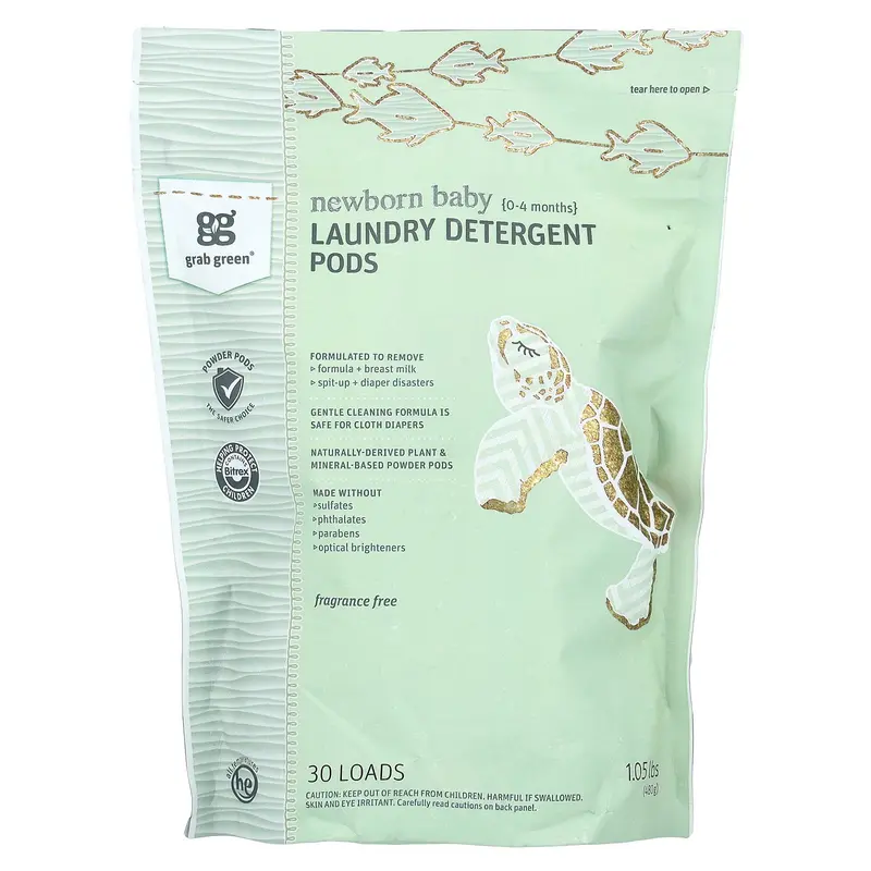 Grab Green Newborn Baby Laundry Detergent Pods, 0-4 Months, Fragrance Free, 30 loads, 1.05 lbs (480 g)