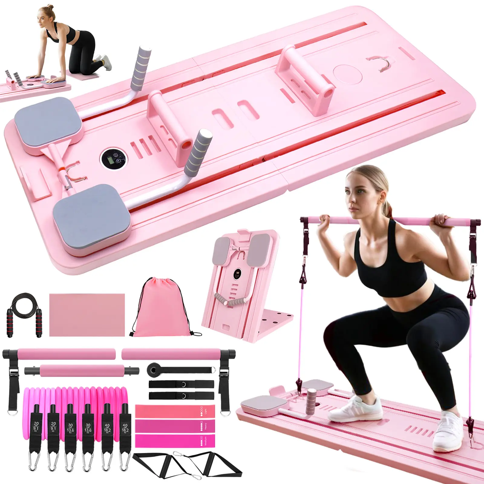 Homimanor Home Pilates Board Set - Multi-Purpose Foldable Pilates Reformer with Pilates Bar and Resistance Bands, Smooth Tracks & Multi-Level Resistance, Portable Pilates Workout Kit Home Gym Equipment for Women Workout