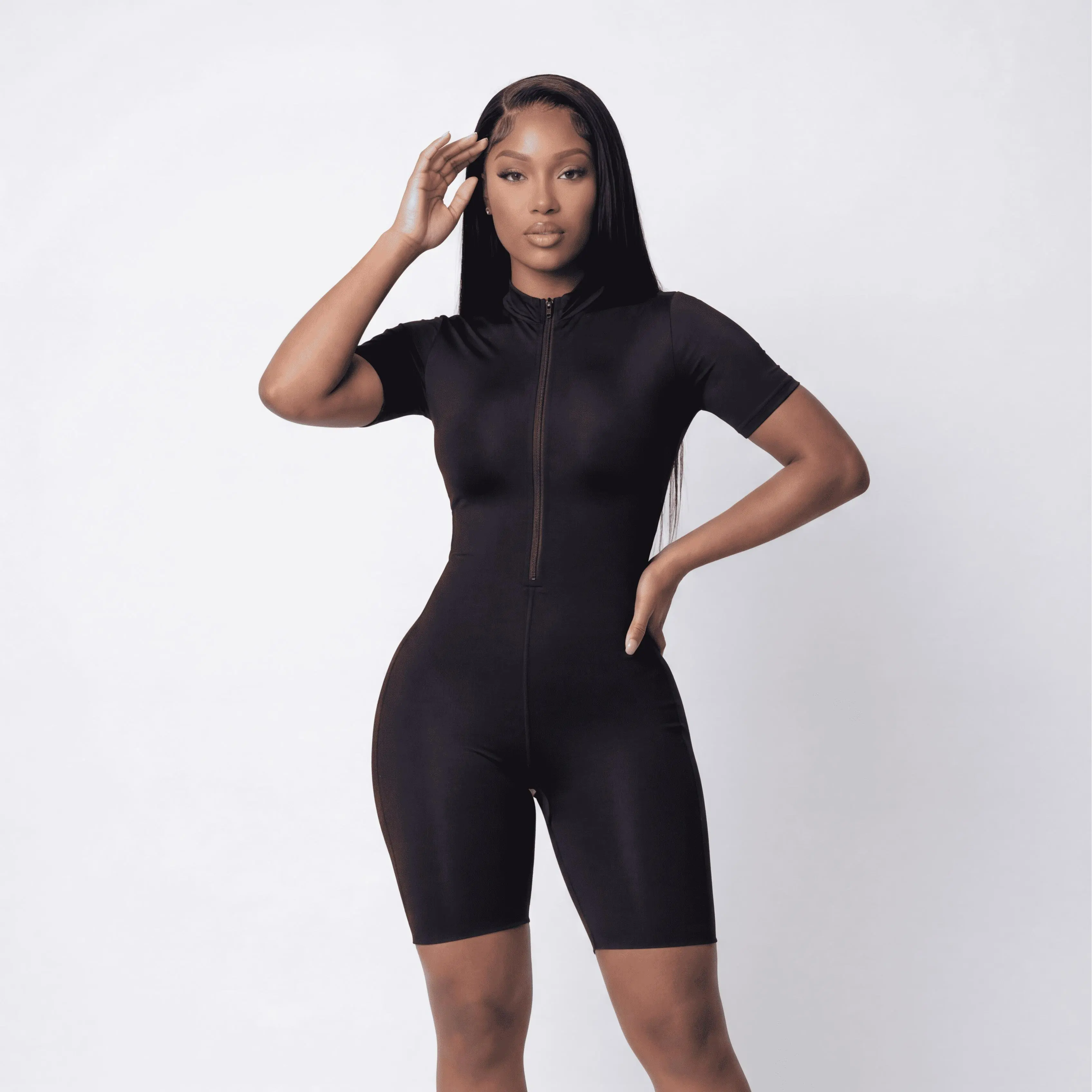 Short Sleeve Biker Bodysuit | Soft Control Shapewear | Bidirectional Lycra | Pre-Molded Bust | Semi-Invisible Zipper | Quick-Dry Active Wear | Smooth Fit | Curvy | Snatched Body