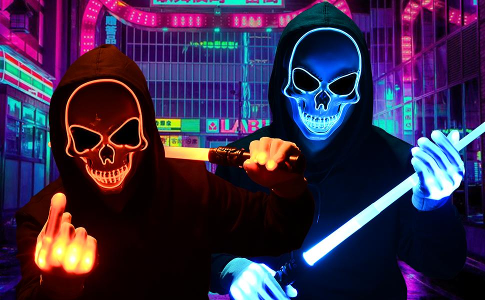 2025 Upgrade Halloween Scary LED Mask LED Skeleton Mask Purge Hacker Mask Glow in The Dark Mask for Halloween Costume Party Creepy Spooky