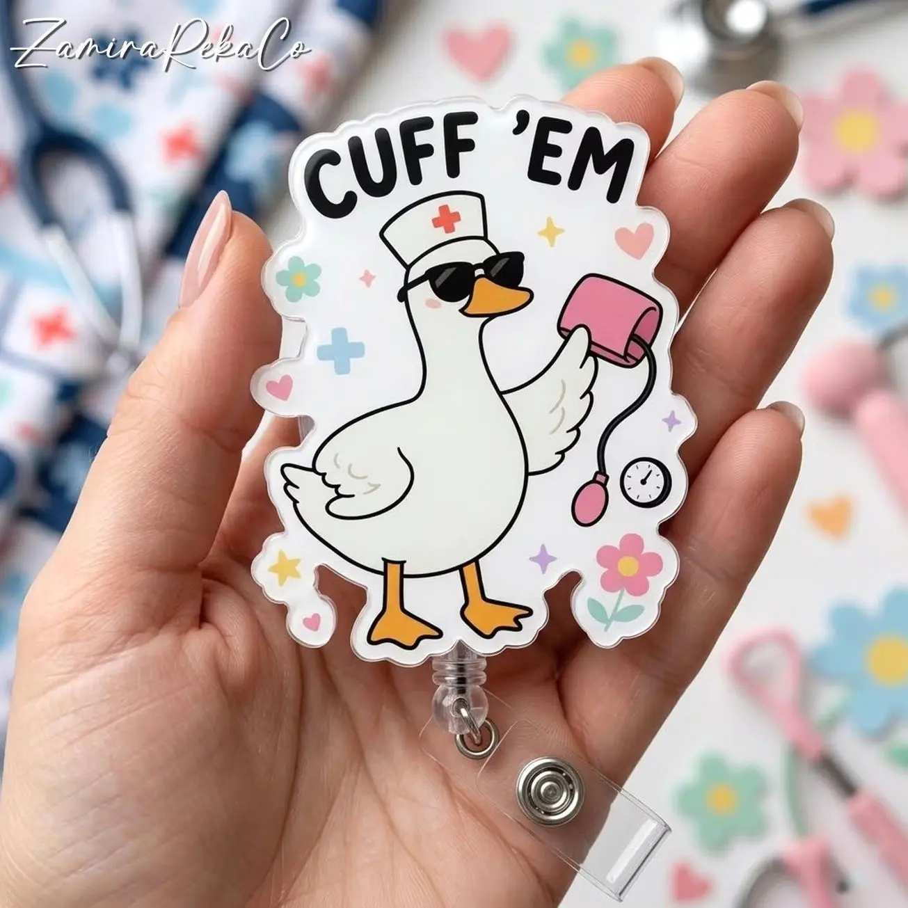 Funny Nurse Goose Badge Reel, Cuff Em Retractable ID Holder, Cute Medical RN Nurse Accessories