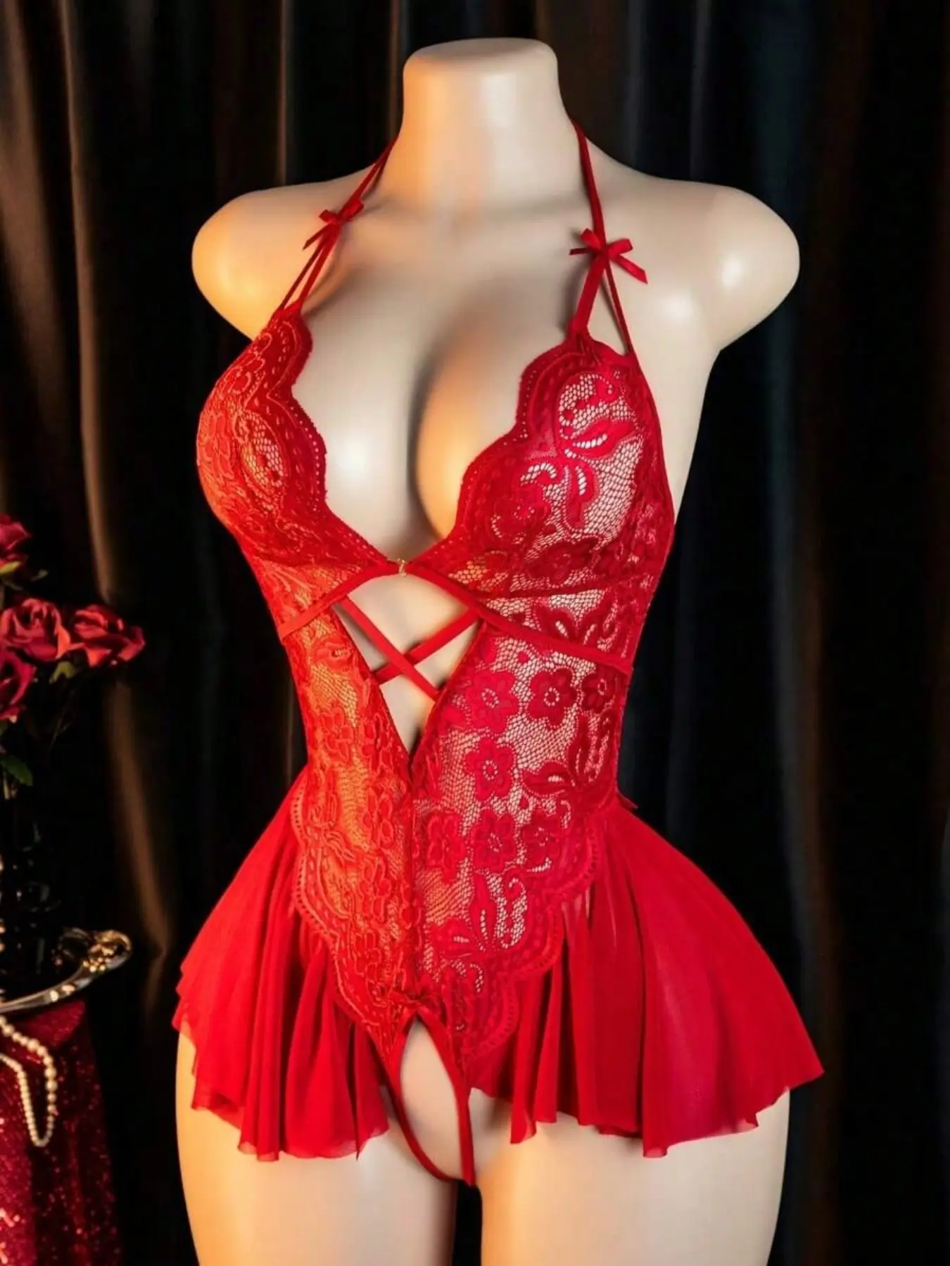 Women's Sexy One-Piece Floral Lace Bow Tie, Fitted All-Season Fashion, Perfect for Casual Wear & Stylish Occasions, Underwear Lingerie